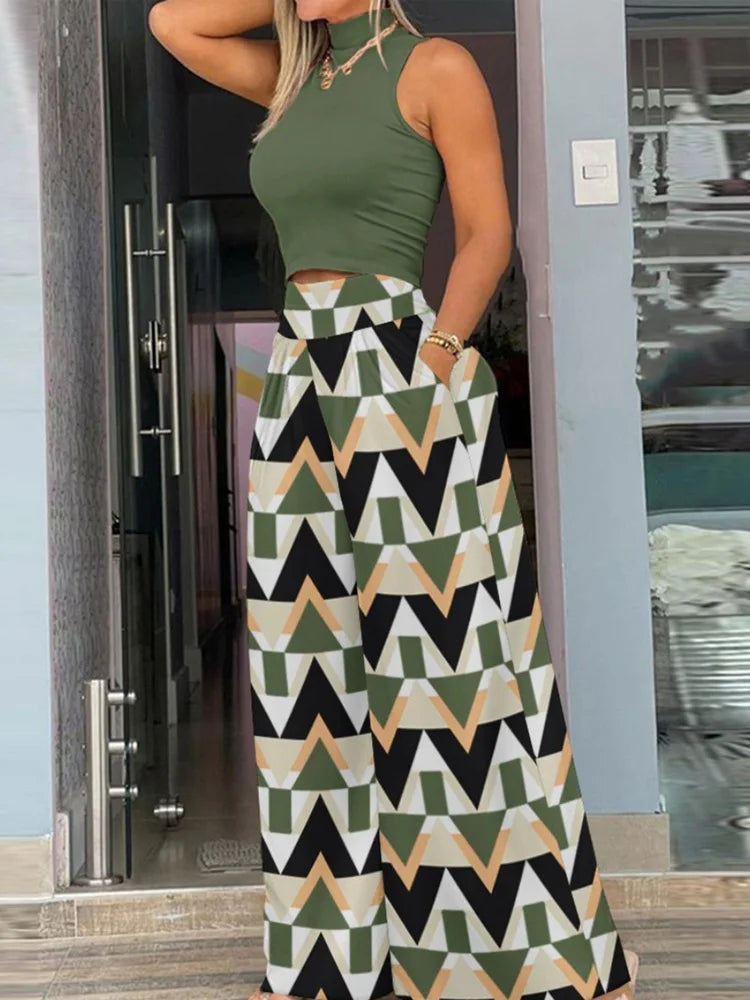 2025 Summer Fashion Printing Two Piece Set Women Casual Solid Sleeveless Tank Top Wide Leg Pants Two Piece Set Women